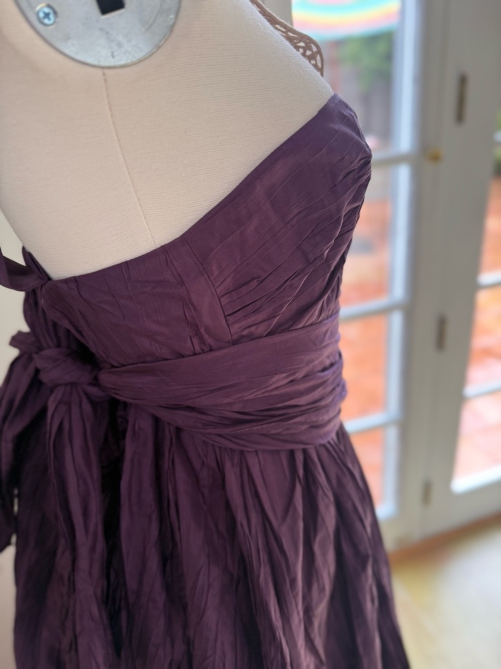100% Silk Ruched Plum Maxi Dress with Lace Yoke - Picture 3 of 6
